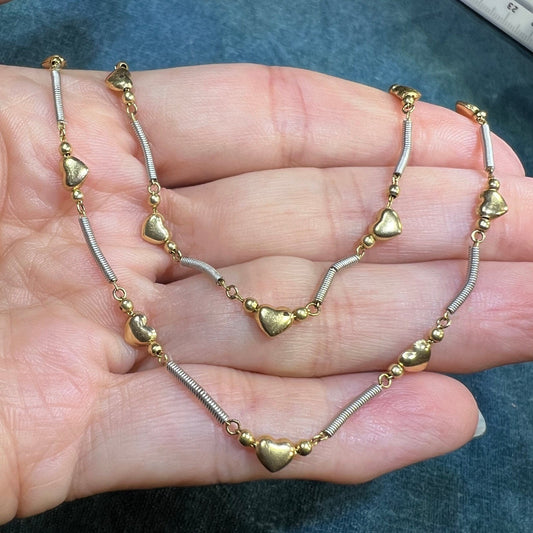 14k Yellow + White Gold Heart Chain Necklace. 6g. Bracelet Available