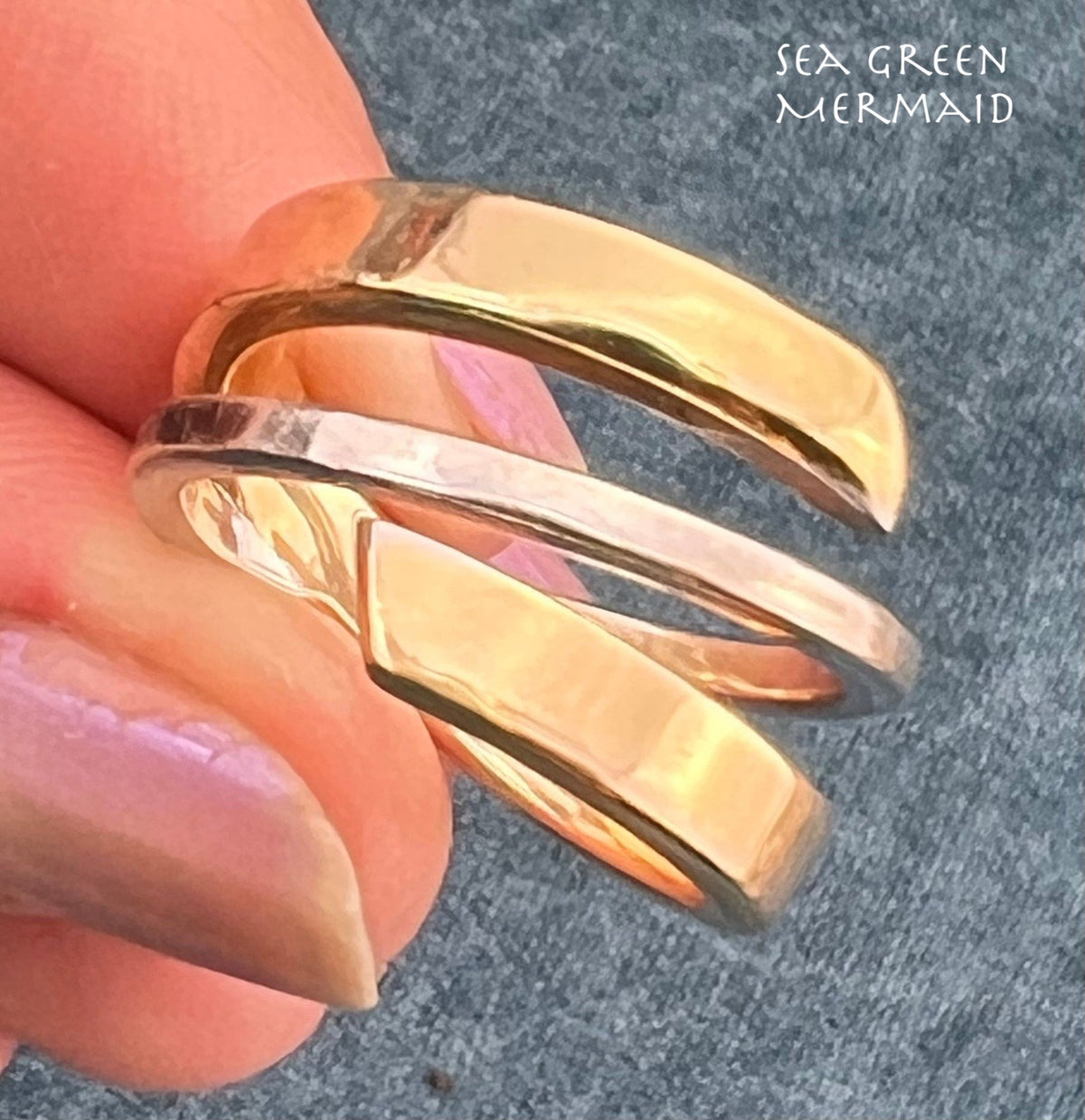 14k Yellow + White Gold Modern Wide Band Ring. Italy Designer