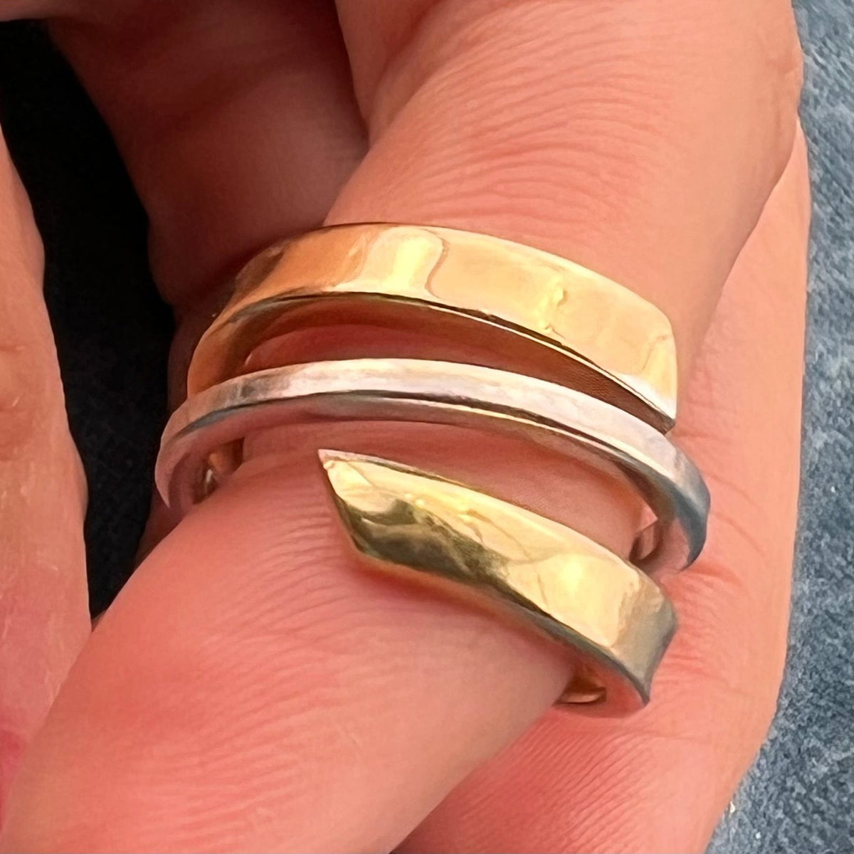 14k Yellow + White Gold Modern Wide Band Ring. Italy Designer