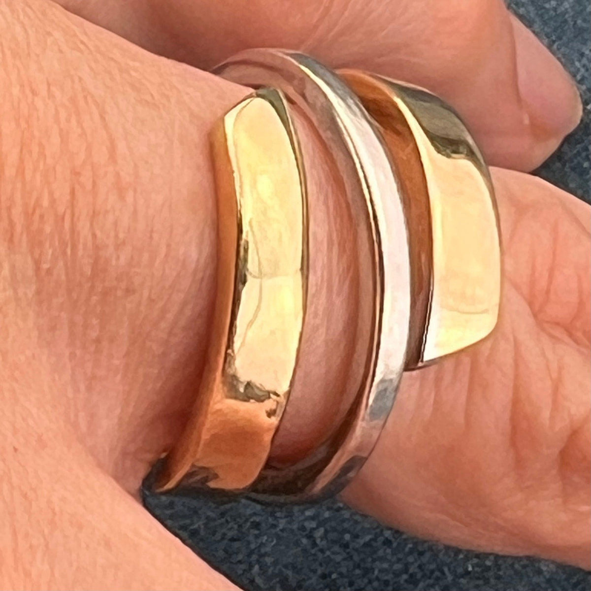 14k Yellow + White Gold Modern Wide Band Ring. Italy Designer