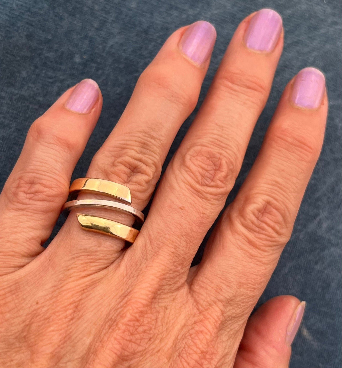 14k Yellow + White Gold Modern Wide Band Ring. Italy Designer