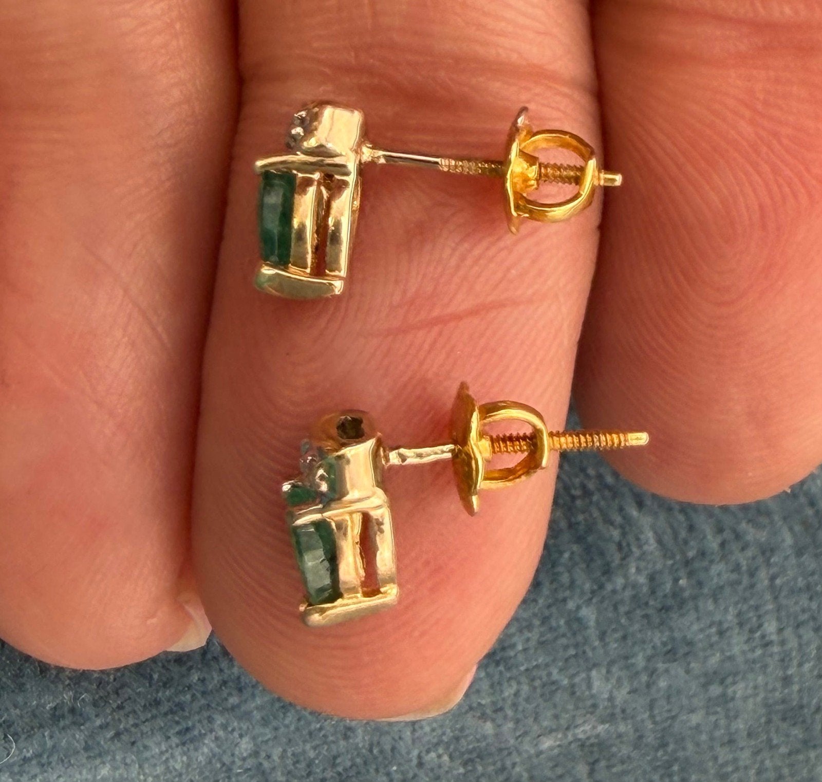14k Yellow + White Gold Natural Emerald Earrings. Tiny!