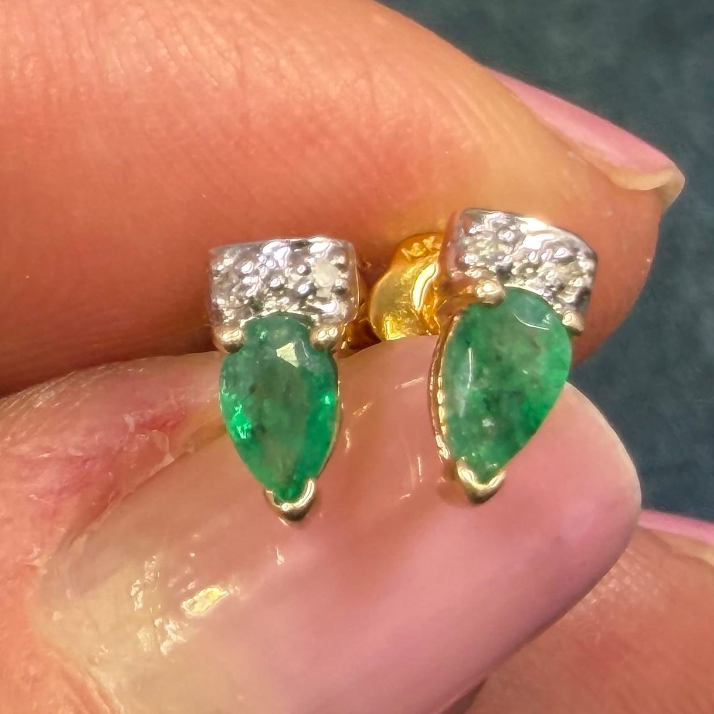 14k Yellow + White Gold Natural Emerald Earrings. Tiny!