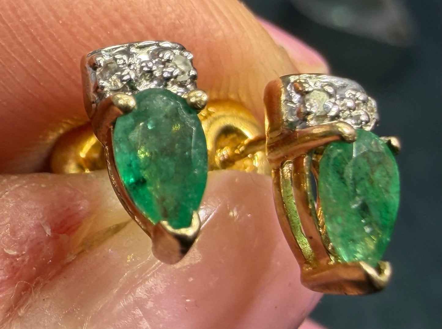 14k Yellow + White Gold Natural Emerald Earrings. Tiny!