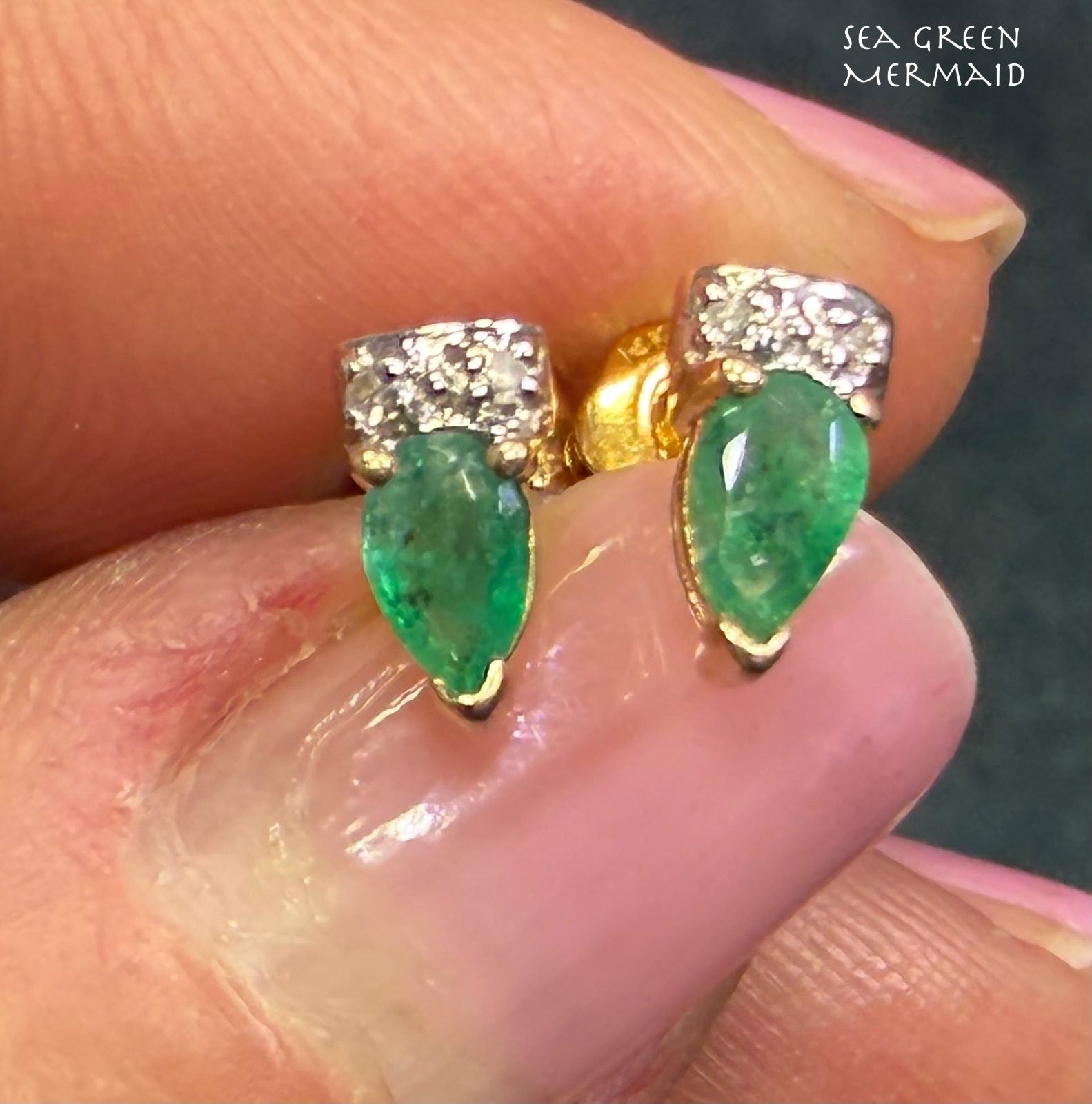 14k Yellow + White Gold Natural Emerald Earrings. Tiny!
