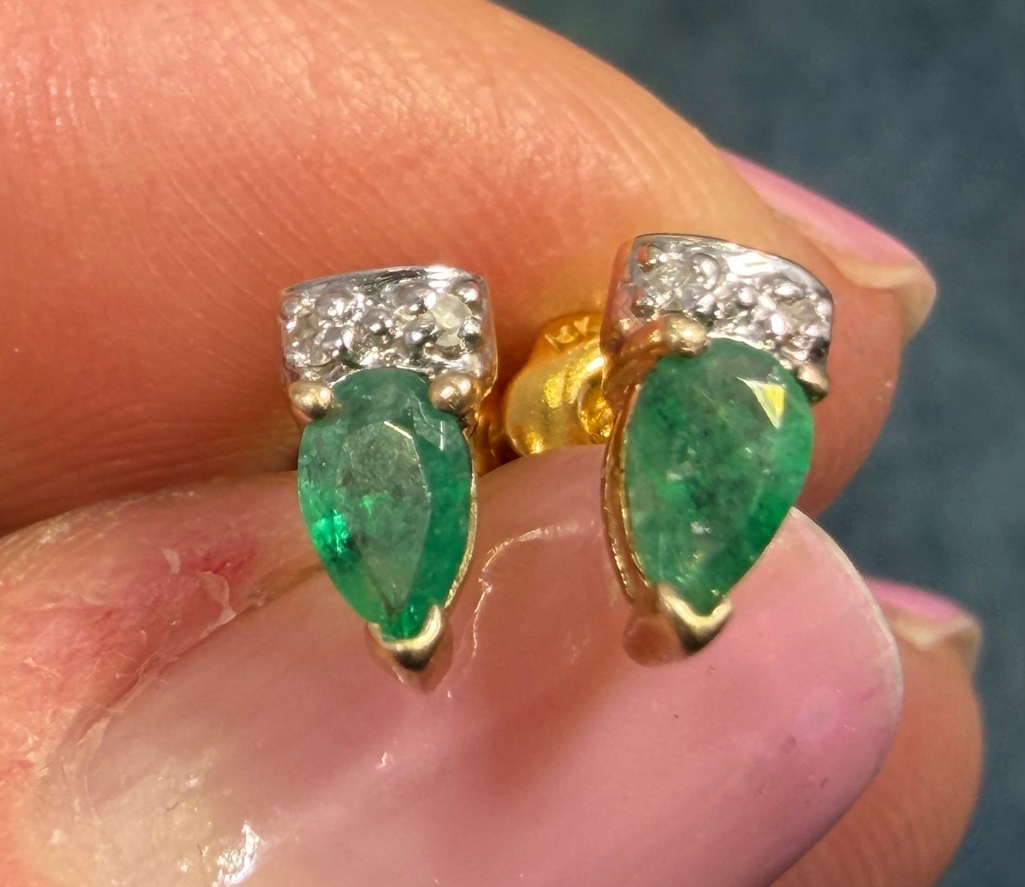 14k Yellow + White Gold Natural Emerald Earrings. Tiny!