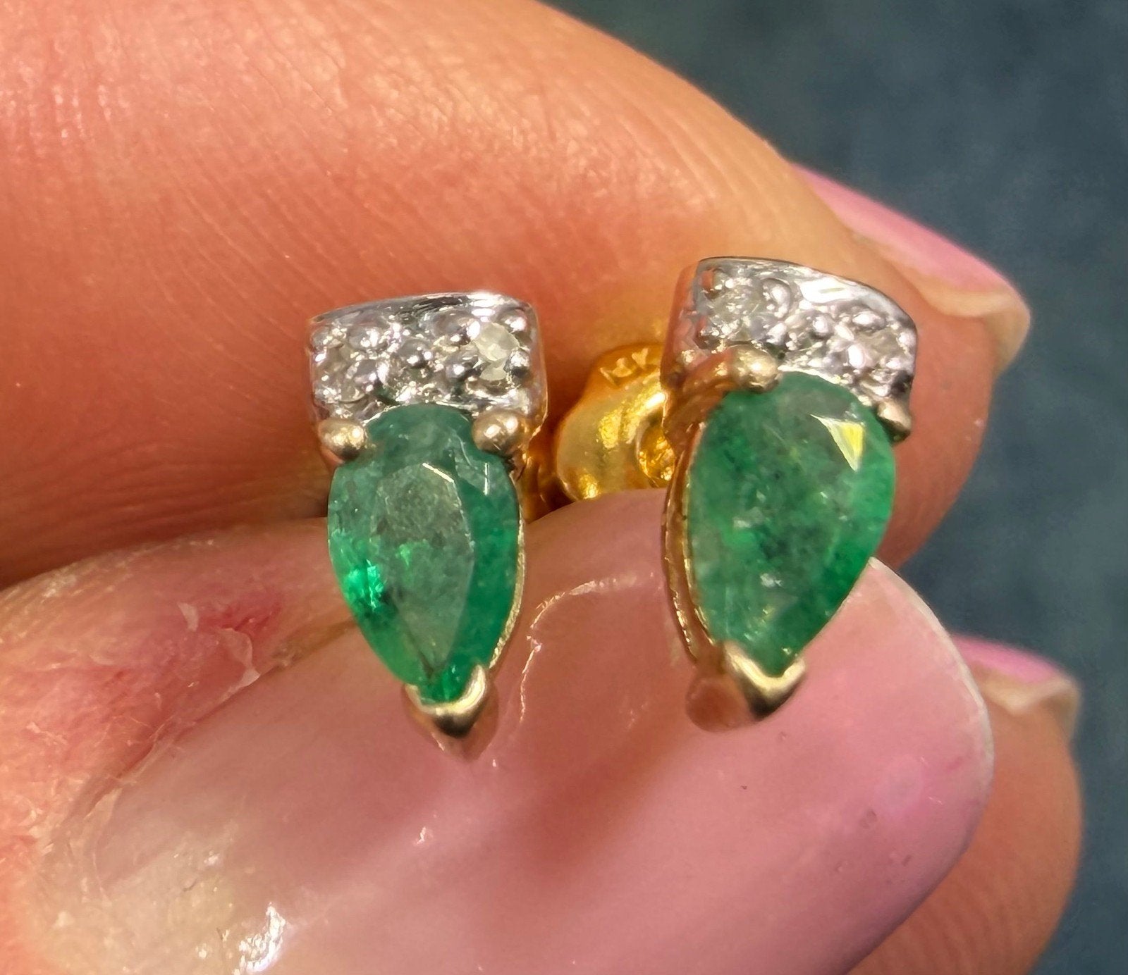 14k Yellow + White Gold Natural Emerald Earrings. Tiny!