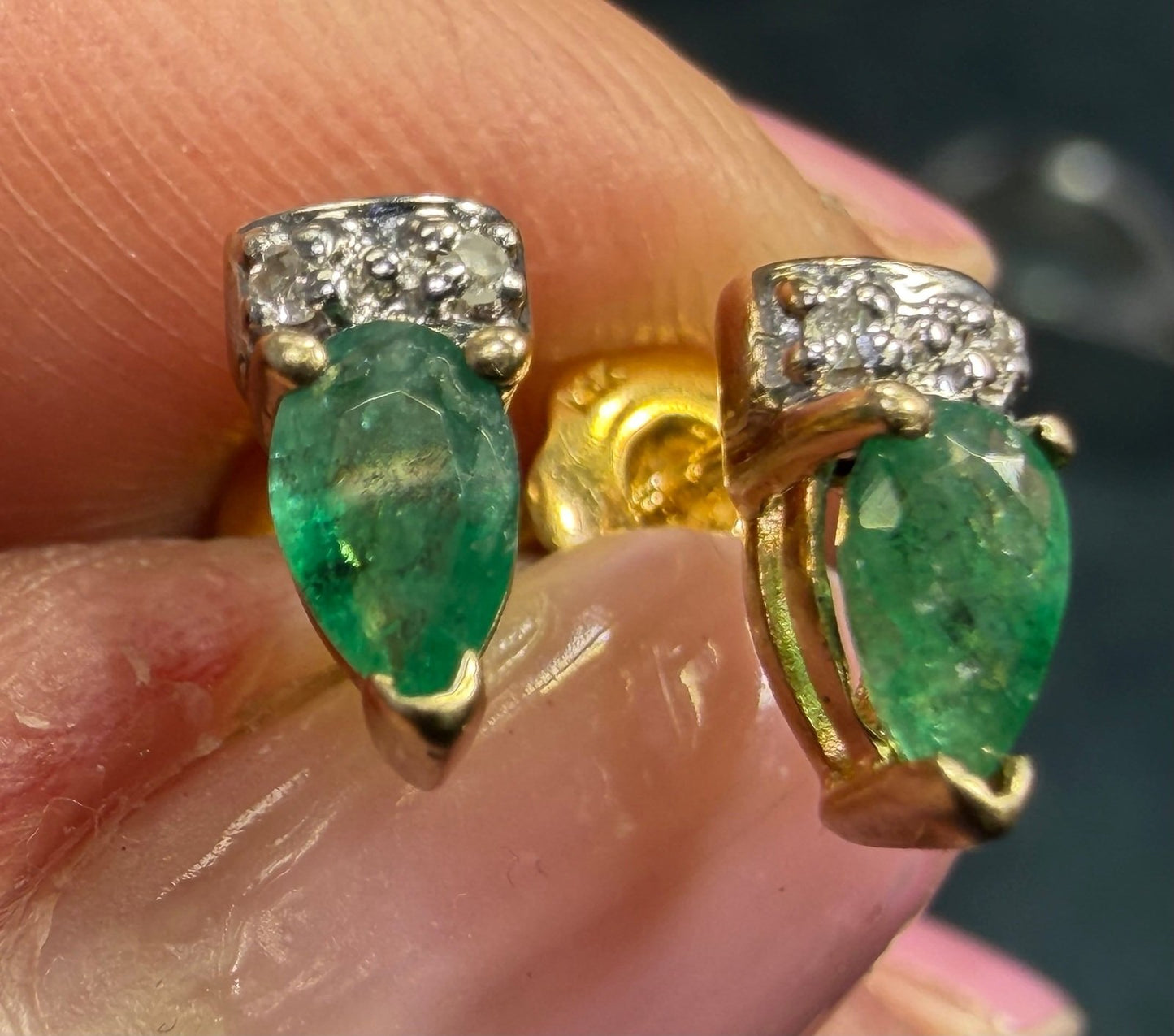 14k Yellow + White Gold Natural Emerald Earrings. Tiny!