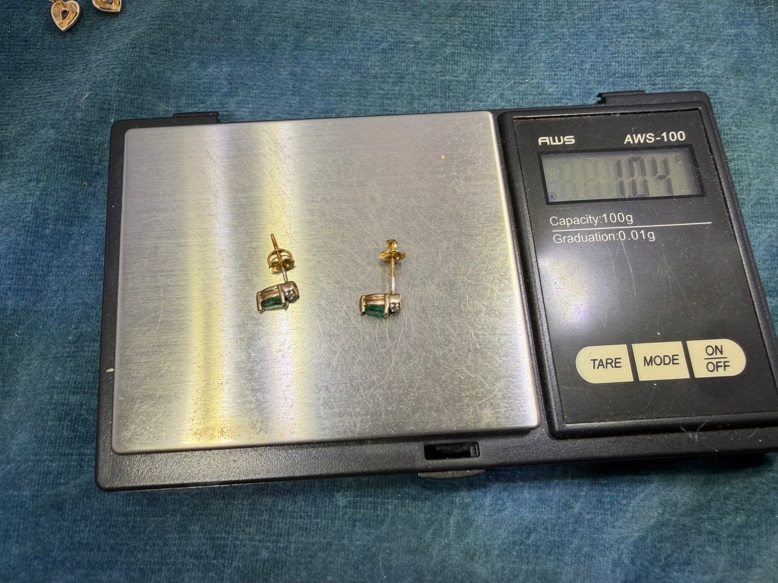 14k Yellow + White Gold Natural Emerald Earrings. Tiny!