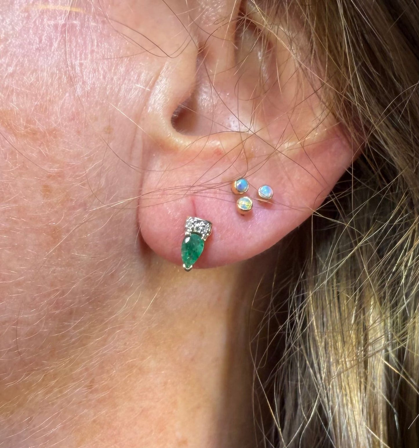 14k Yellow + White Gold Natural Emerald Earrings. Tiny!