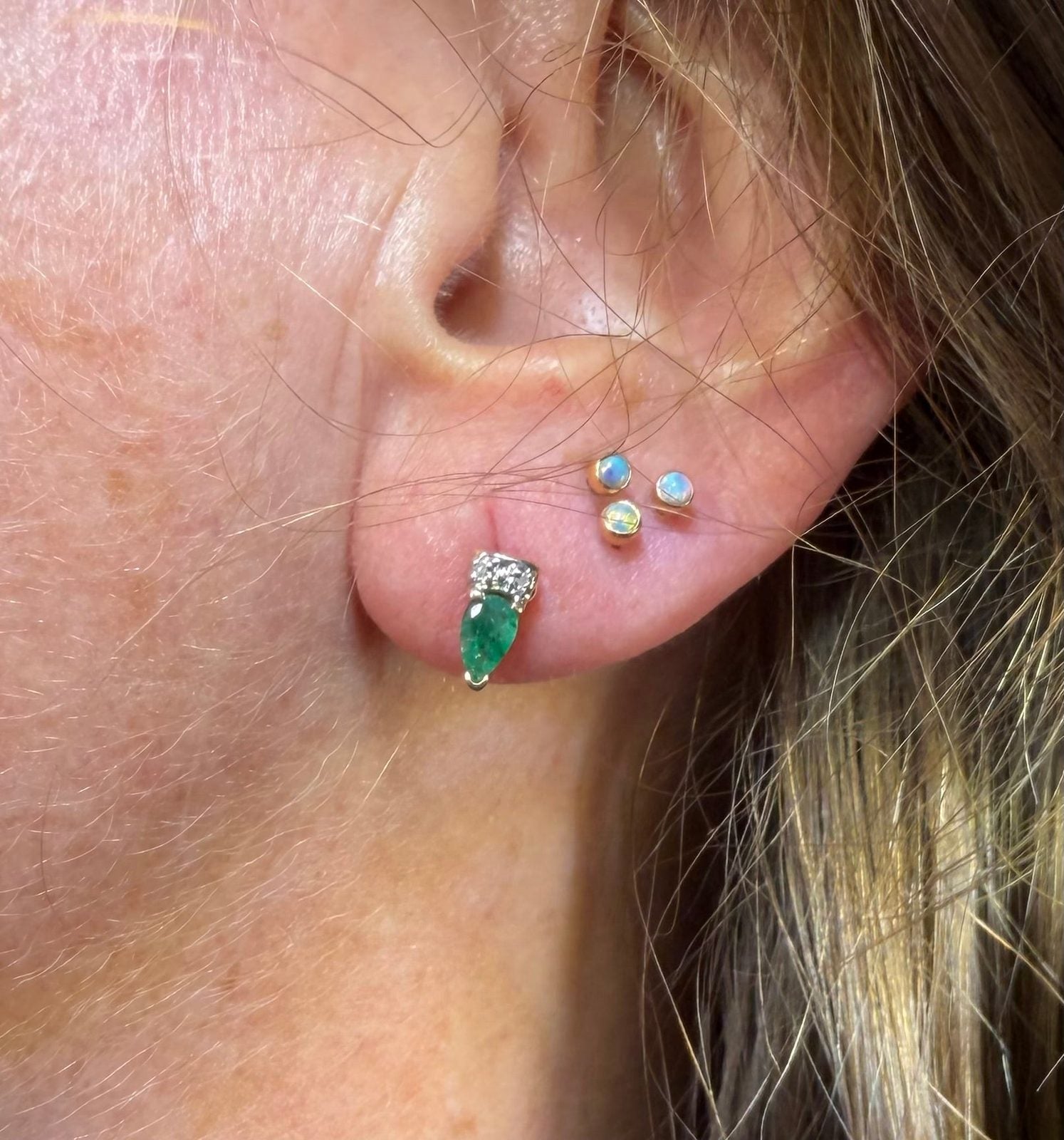 14k Yellow + White Gold Natural Emerald Earrings. Tiny!