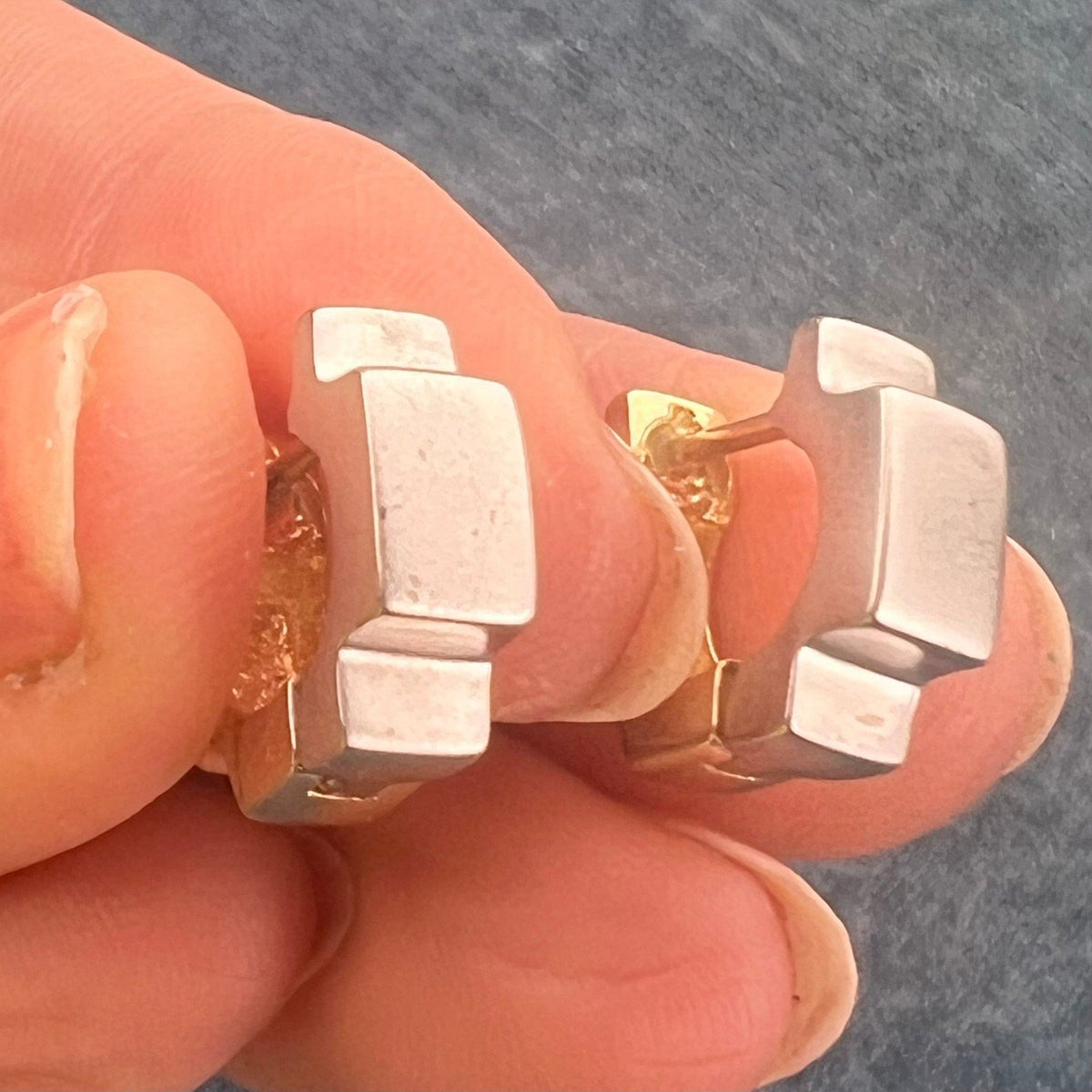14k Yellow + White Gold Reversible Geometric Huggies Hoop Earrings. 1/2" + 5g