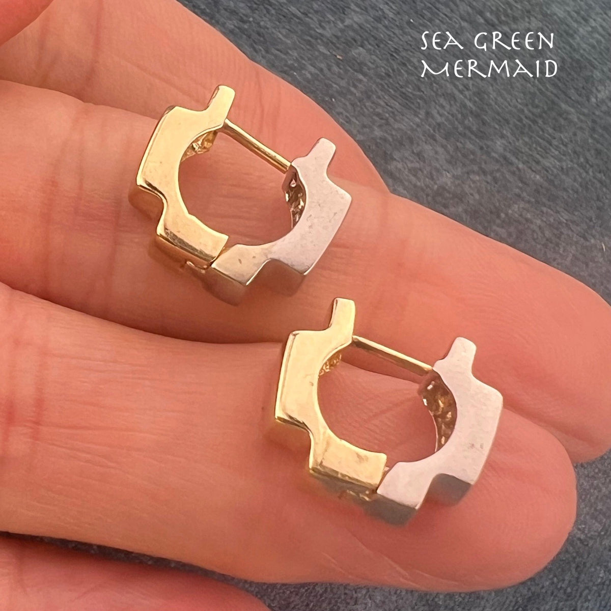 14k Yellow + White Gold Reversible Geometric Huggies Hoop Earrings. 1/2" + 5g
