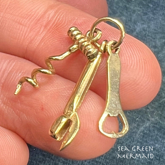 14k Gold 3 Tool Set Pendant. Corkscrew + Bottle + Can Opener. 1"