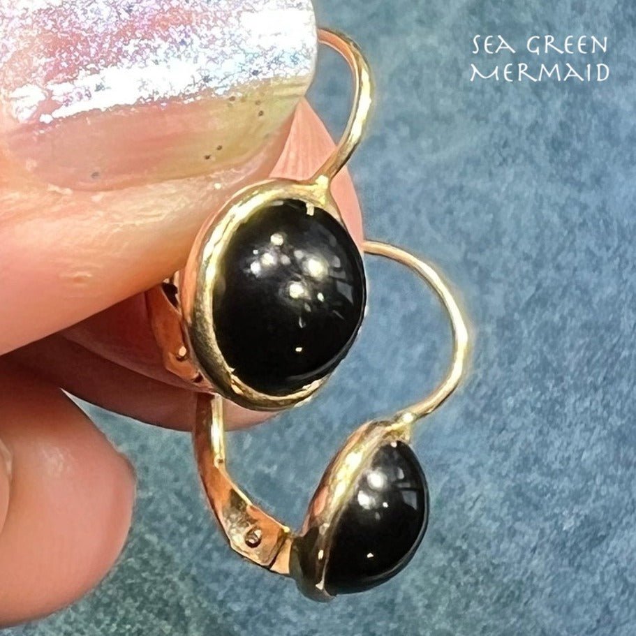 14k Yellow Gold Black Onyx Cabochon Leverback Earrings