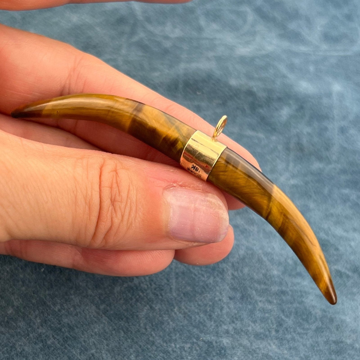 18K Gold Antique Carved Tigers Eye Watch Fob Pendant. 3"+ 8g