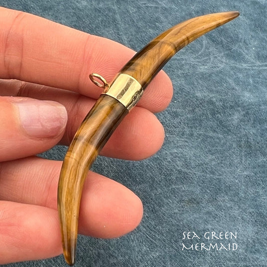18K Gold Antique Carved Tigers Eye Watch Fob Pendant. 3"+ 8g
