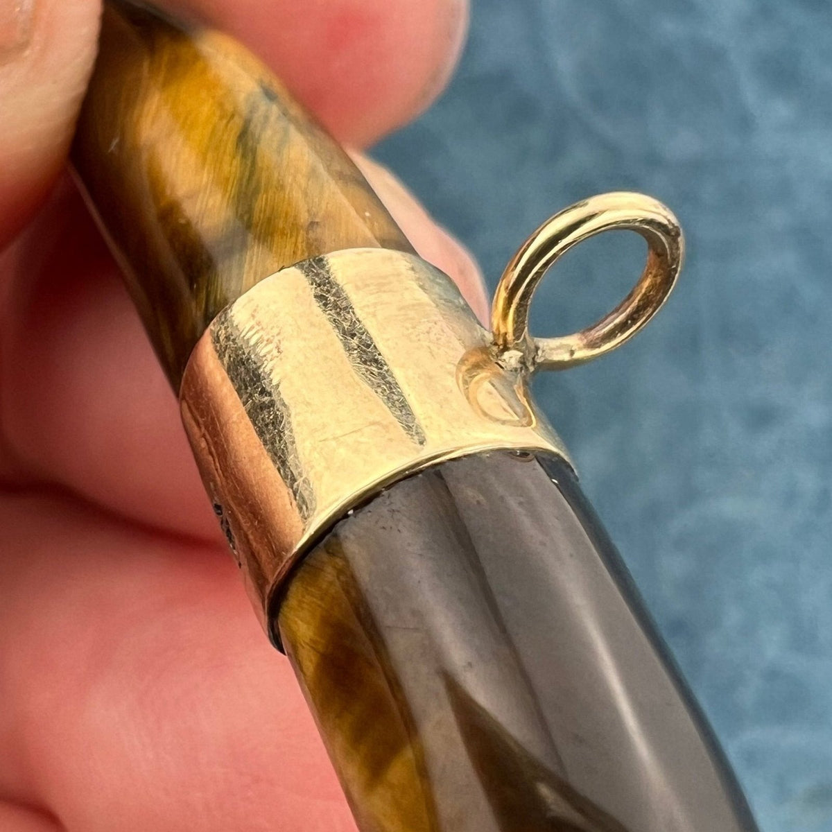 18K Gold Antique Carved Tigers Eye Watch Fob Pendant. 3"+ 8g