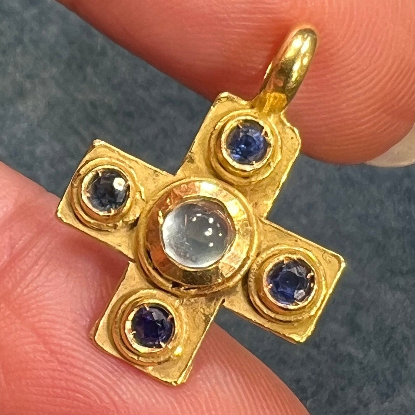 18K Gold Ceylon Blue Sapphire + Moonstone Cross Pendant *Video*