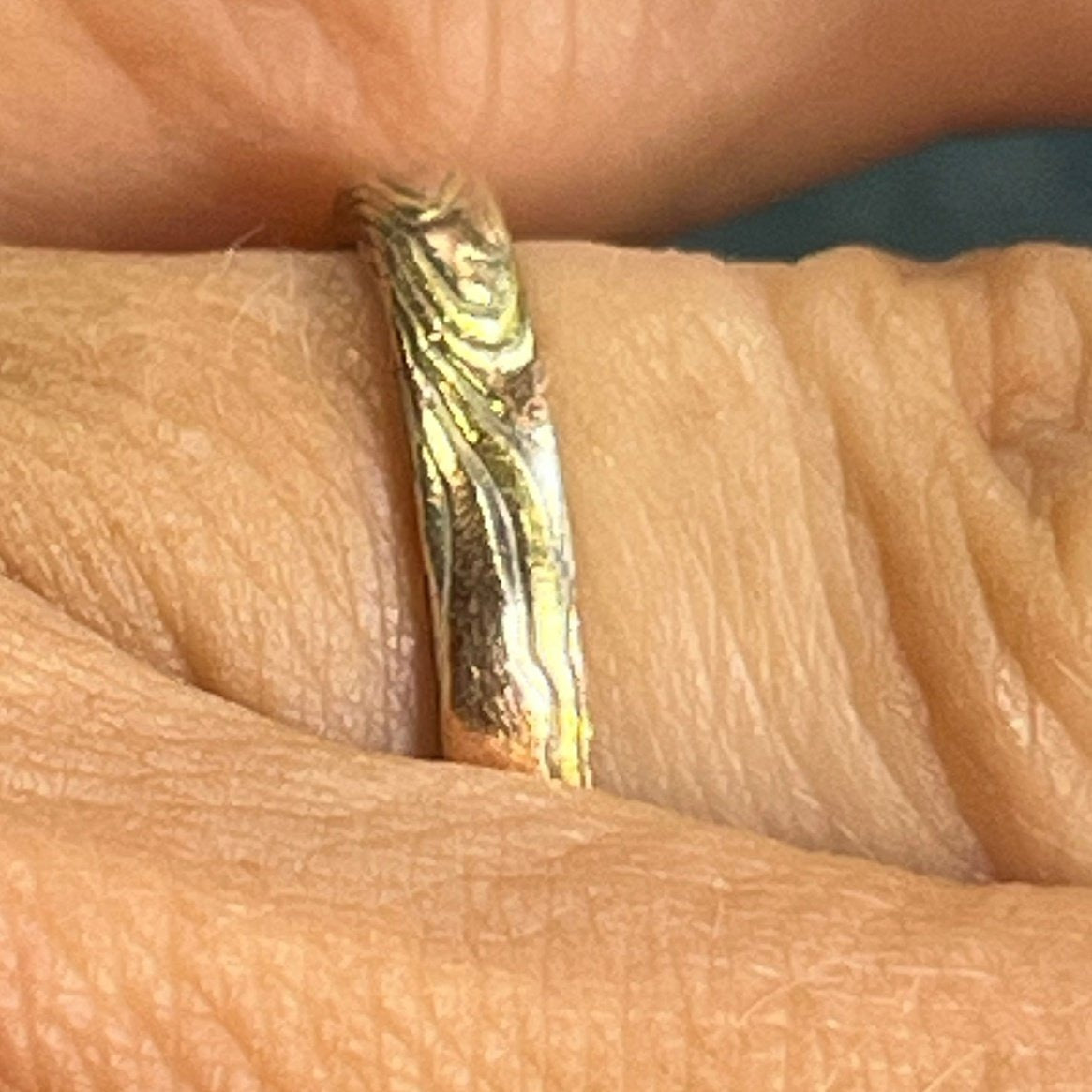 18k 14k Gold and Silver Mokume Gane Ring. Wedding Stacking Band