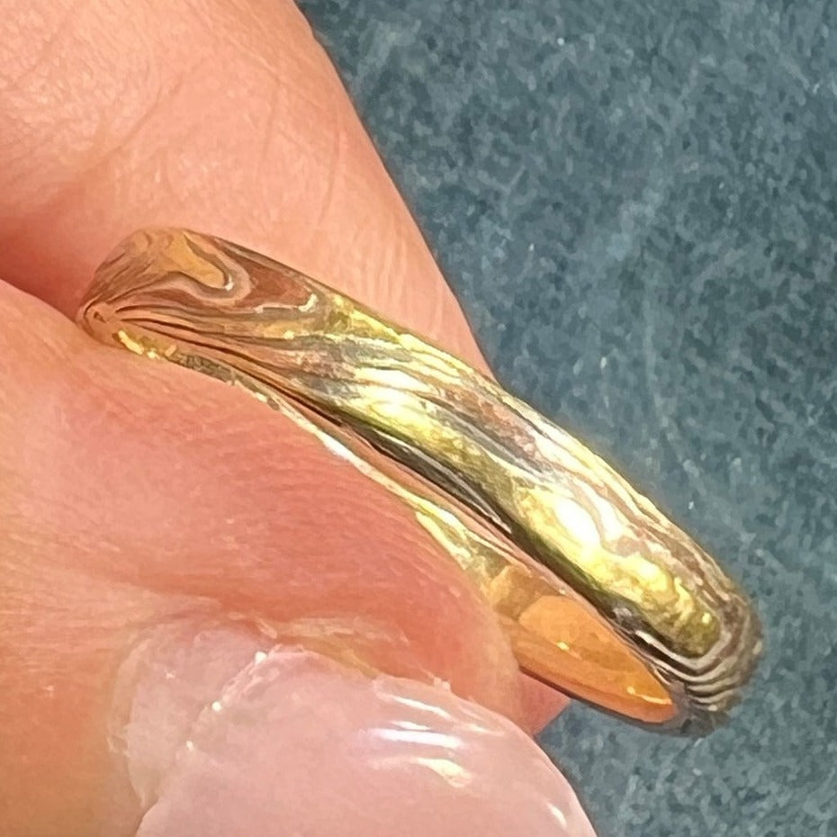 18k 14k Gold and Silver Mokume Gane Ring. Wedding Stacking Band