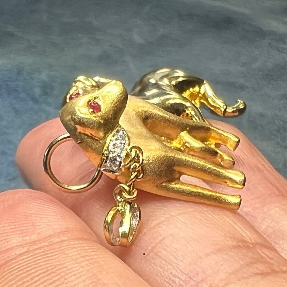 18k Gold 2 Dogs Pendant w Diamonds Emeralds Rubies. 10g + 1.7"