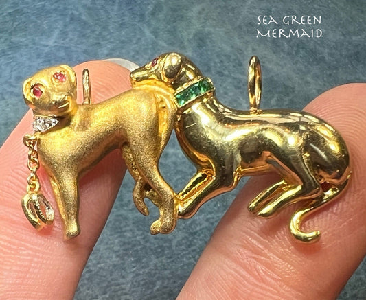 18k Gold 2 Dogs Pendant w Diamonds Emeralds Rubies. 10g + 1.7"