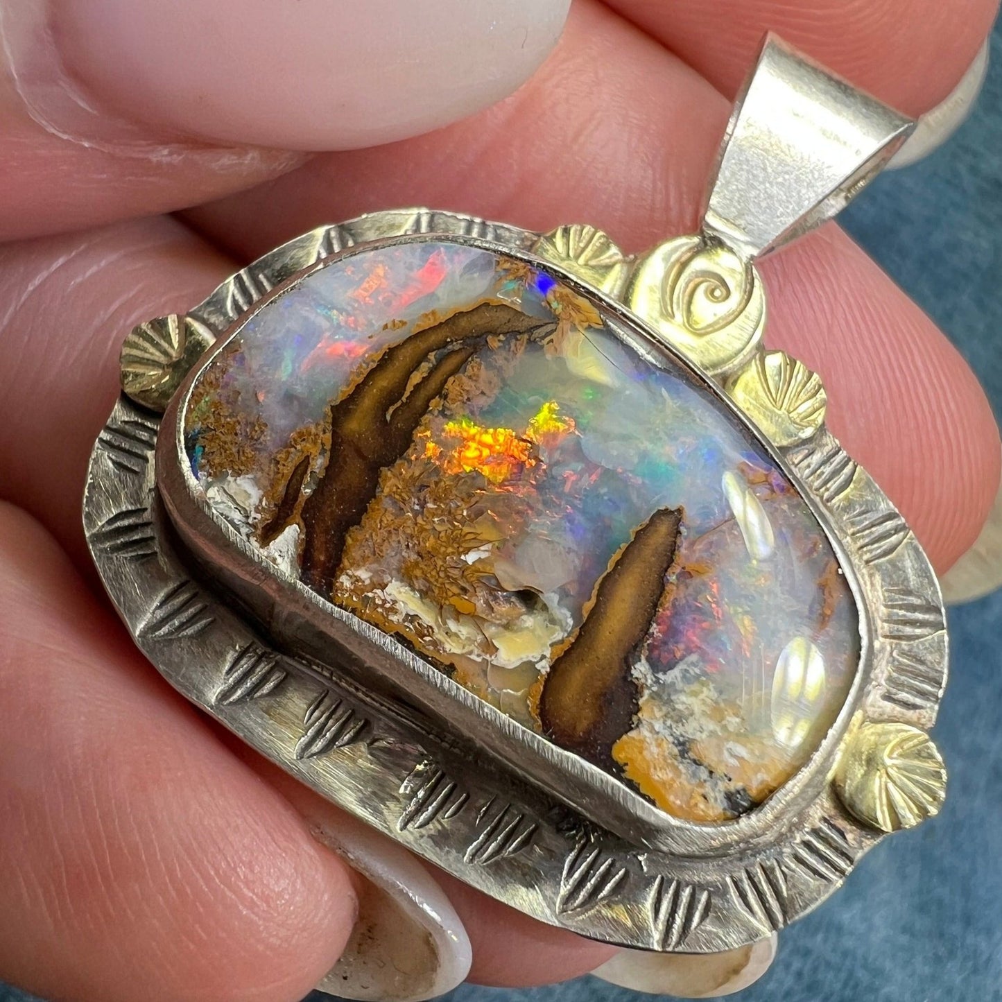 18k Gold + 925 Australian Boulder Opal OOAK Artisan Pendant *Video* S