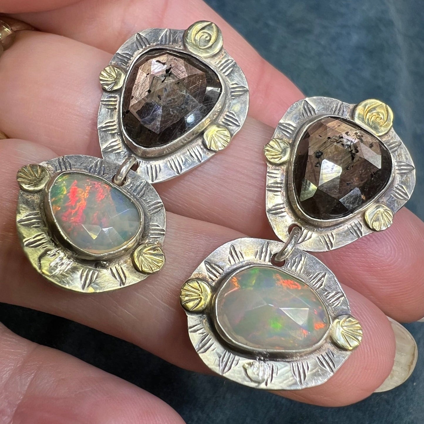 18k Gold + 925 Australian Jelly Opal + Sapphire Earrings. 1.5" *Video*