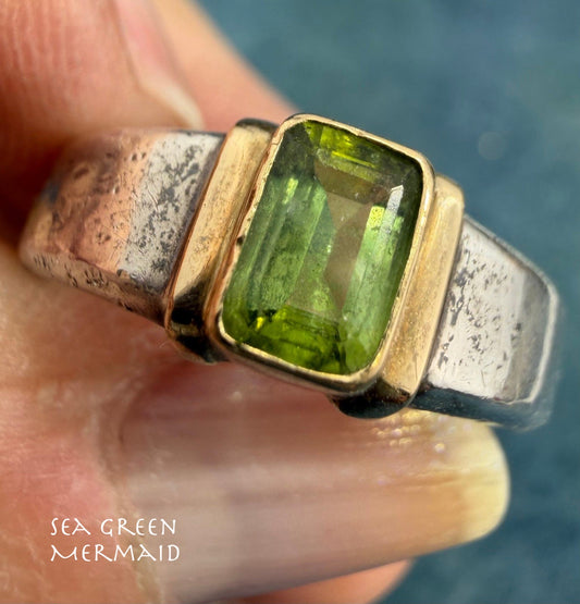 18k Gold & 925 Ring with Emerald Cut Natural Peridot *Video*