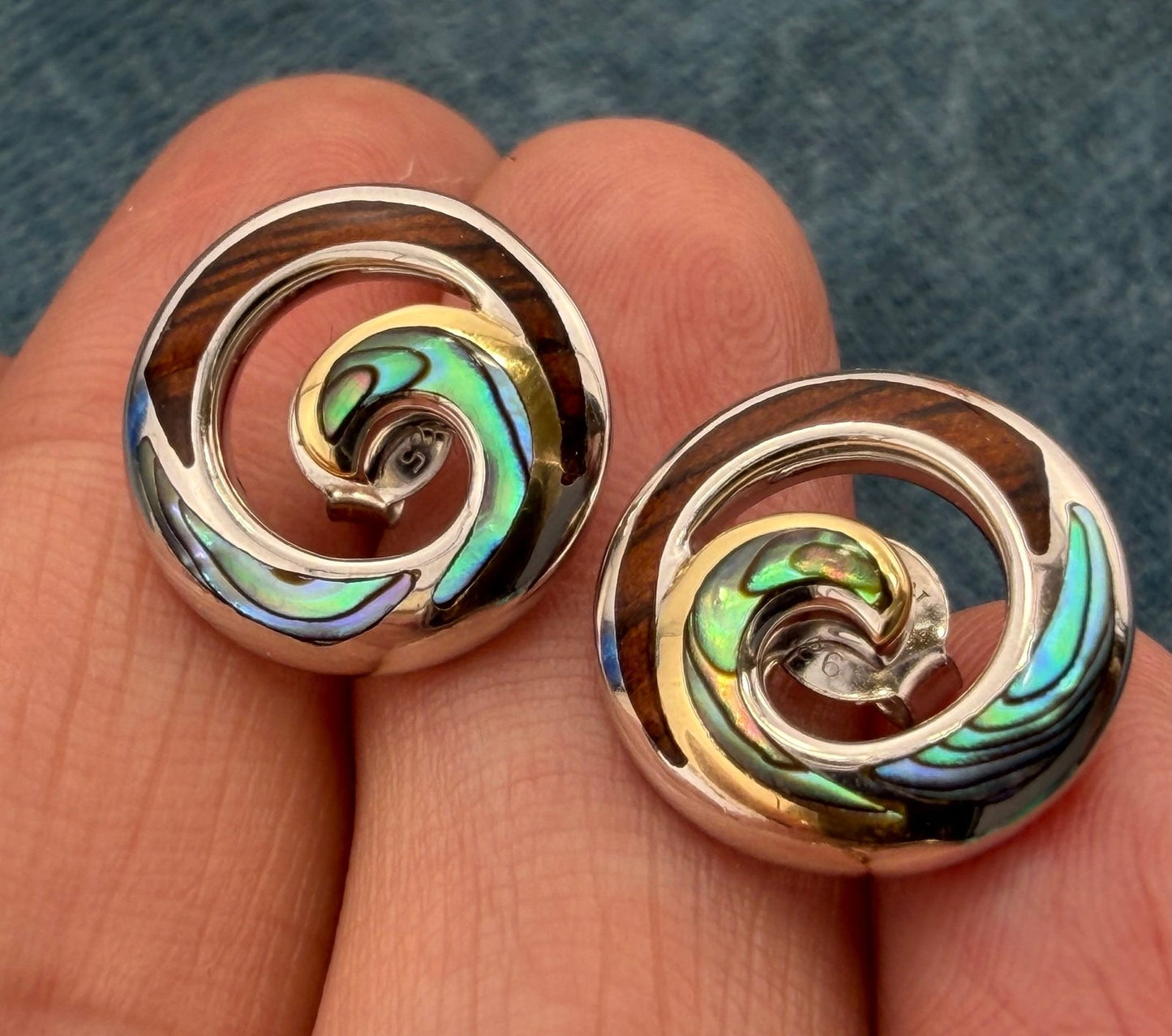 18k Gold + 925 Silver Abalone Shell + Koa Wood Ocean Wave Earrings. Na Hoku $699