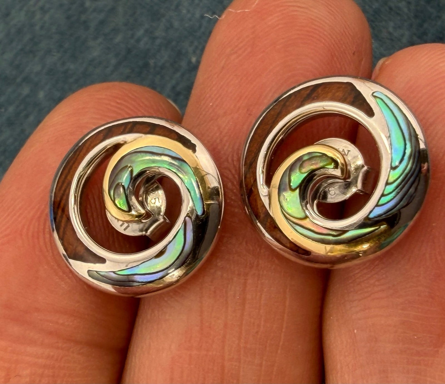18k Gold + 925 Silver Abalone Shell + Koa Wood Ocean Wave Earrings. Na Hoku $699