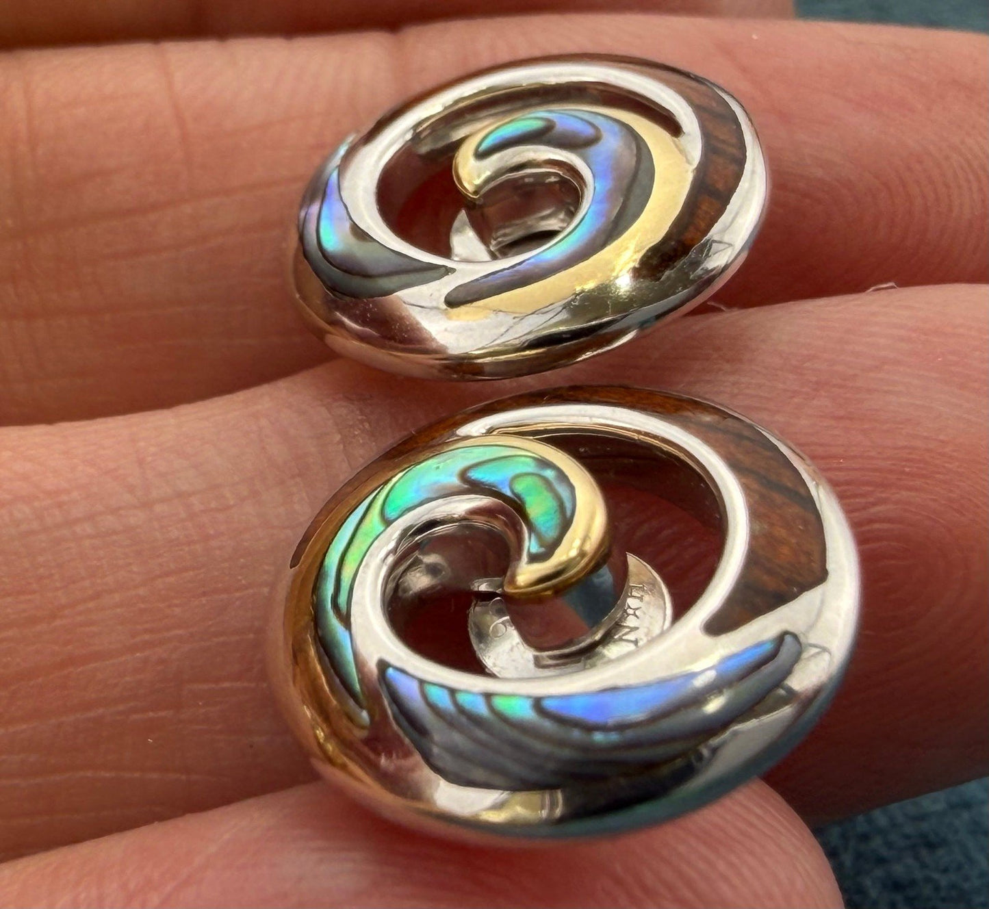 18k Gold + 925 Silver Abalone Shell + Koa Wood Ocean Wave Earrings. Na Hoku $699