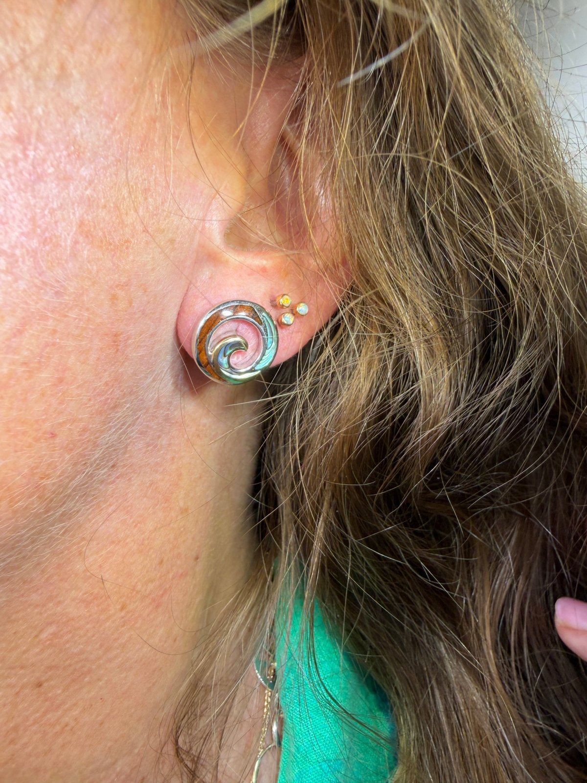 18k Gold + 925 Silver Abalone Shell + Koa Wood Ocean Wave Earrings. Na Hoku $699
