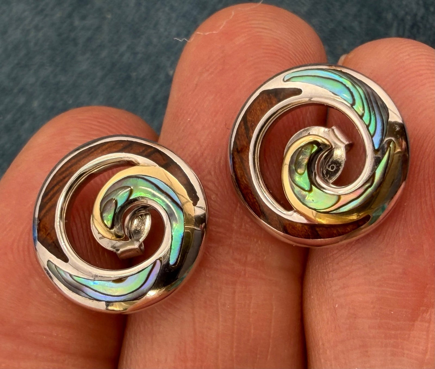 18k Gold + 925 Silver Abalone Shell + Koa Wood Ocean Wave Earrings. Na Hoku $699