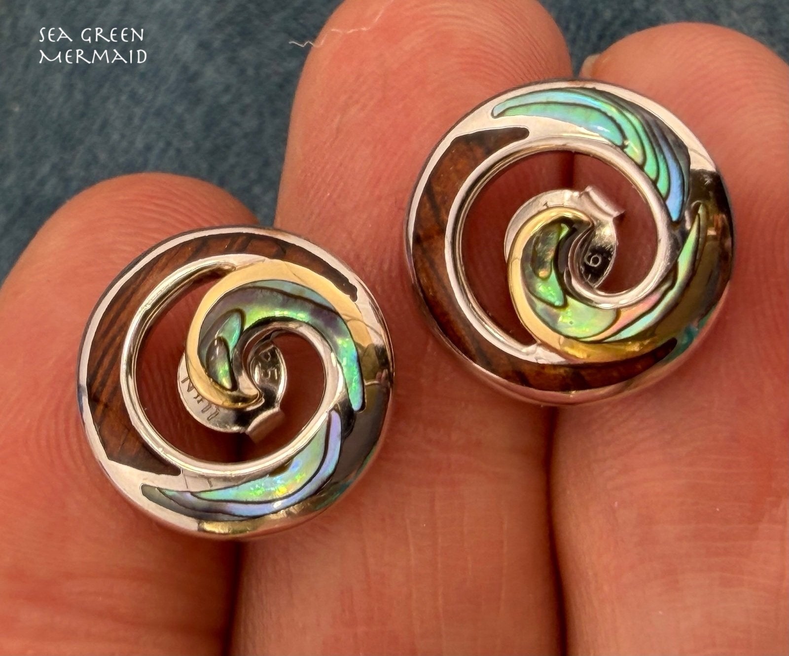 18k Gold + 925 Silver Abalone Shell + Koa Wood Ocean Wave Earrings. Na Hoku