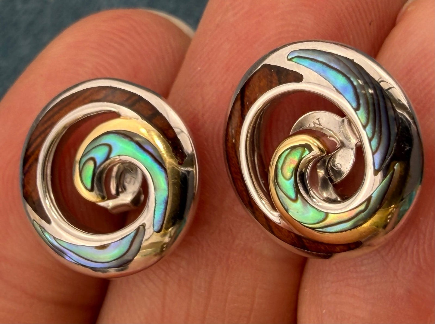 18k Gold + 925 Silver Abalone Shell + Koa Wood Ocean Wave Earrings. Na Hoku $699