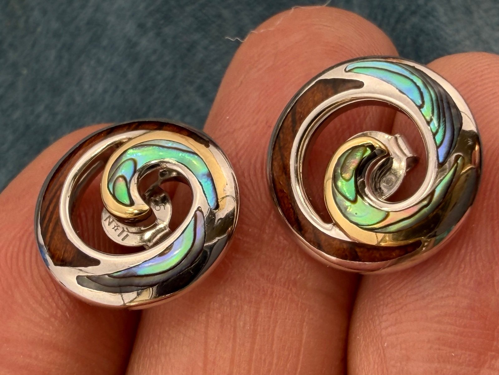 18k Gold + 925 Silver Abalone Shell + Koa Wood Ocean Wave Earrings. Na Hoku $699