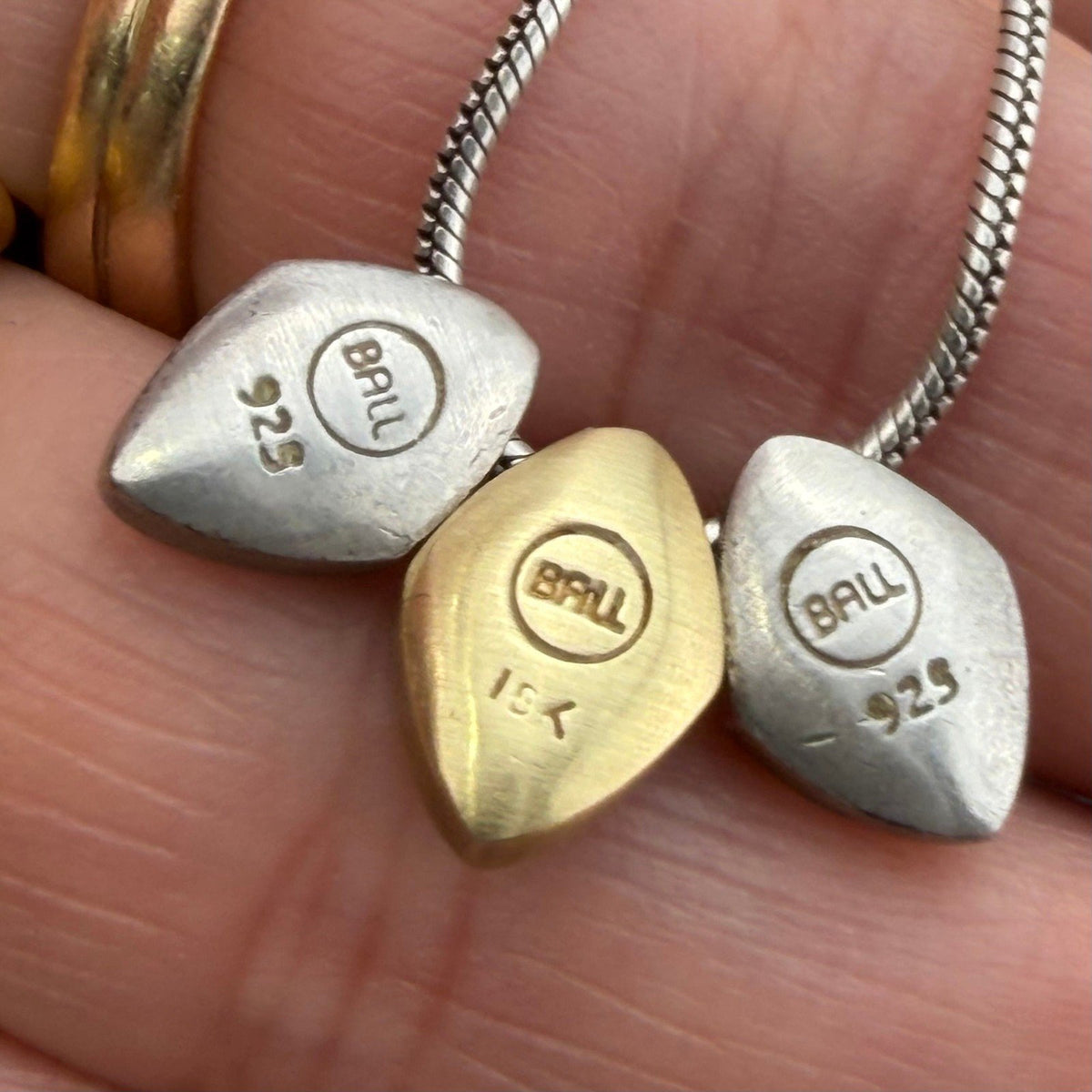 18k Gold + 925 Silver Geometric Pendants on Silver Snake Chain Necklace. Modern BALL