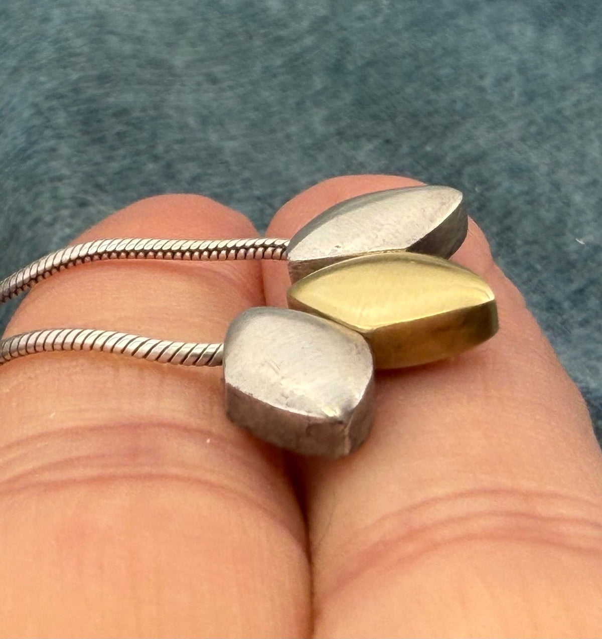 18k Gold + 925 Silver Geometric Pendants on Silver Snake Chain Necklace. Modern BALL