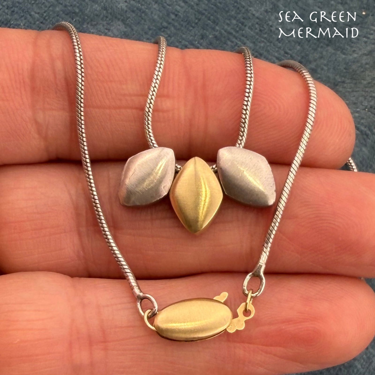 18k Gold + 925 Silver Geometric Pendants on Silver Snake Chain Necklace. Modern BALL