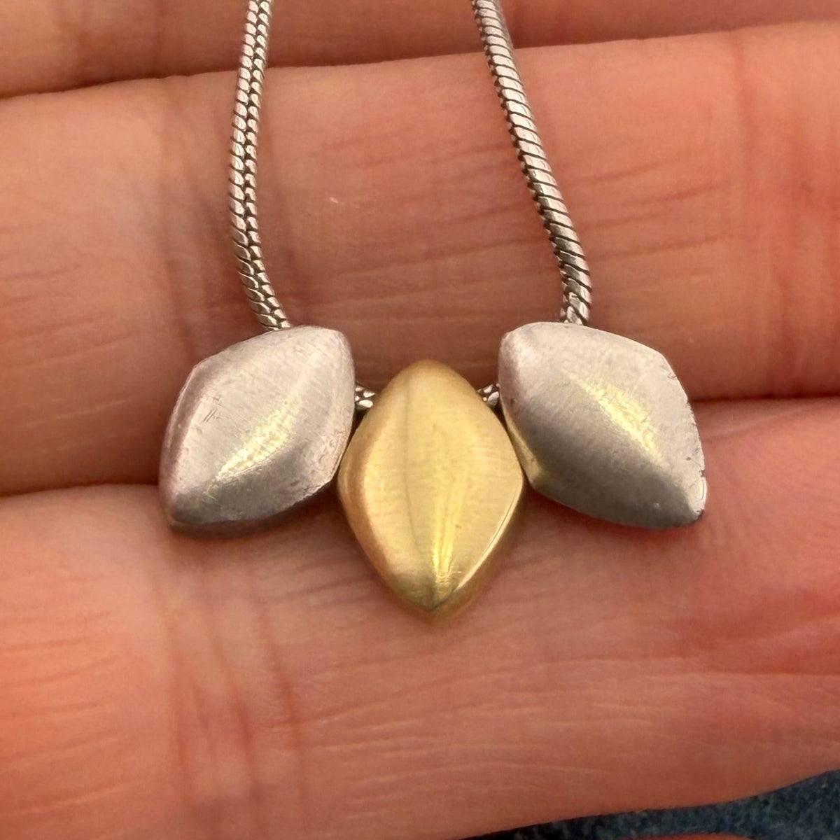 18k Gold + 925 Silver Geometric Pendants on Silver Snake Chain Necklace. Modern BALL
