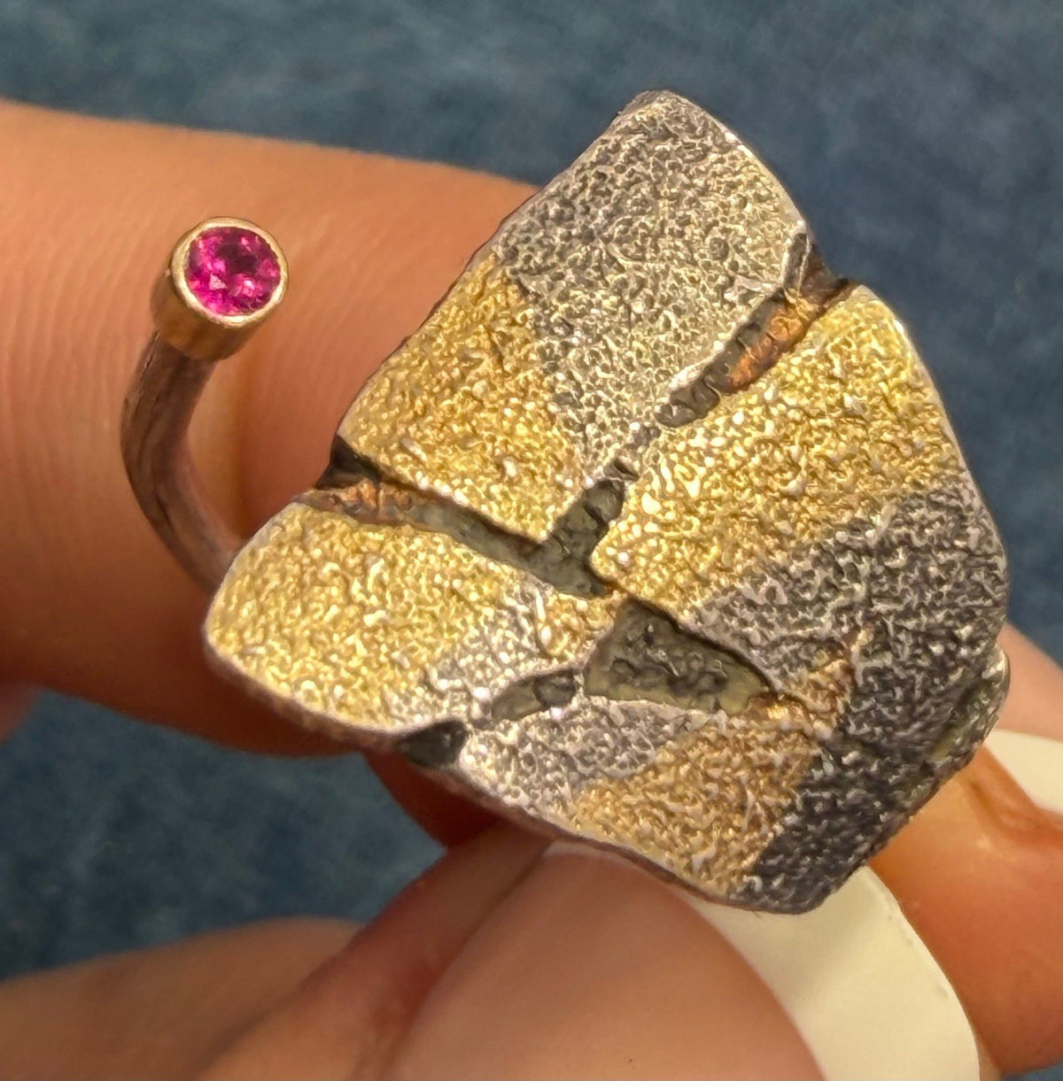 18k Gold & 925 Silver Ruby Asymmetrical Modern Ring. Designer