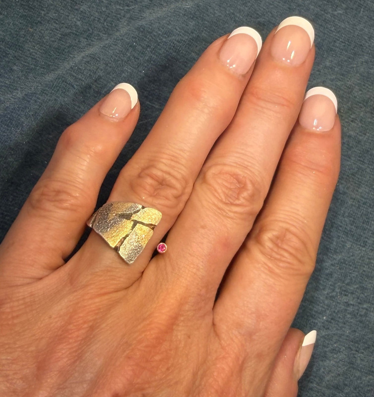18k Gold & 925 Silver Ruby Asymmetrical Modern Ring. Designer