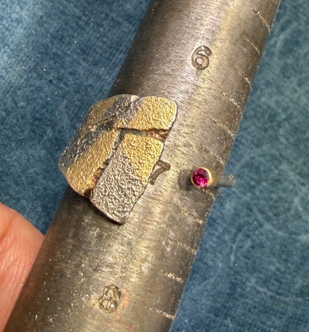 18k Gold & 925 Silver Ruby Asymmetrical Modern Ring. Designer