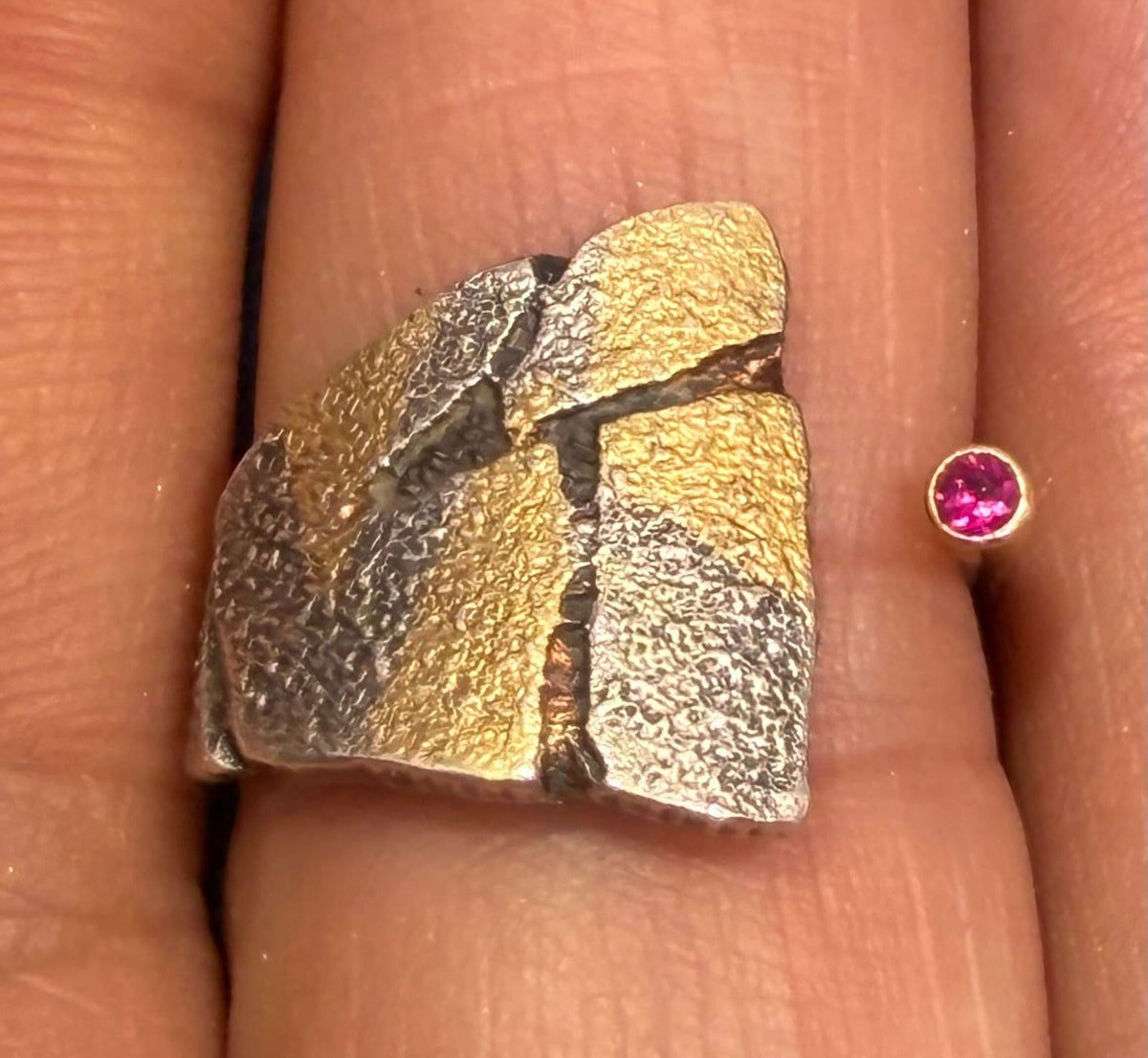 18k Gold & 925 Silver Ruby Asymmetrical Modern Ring. Designer