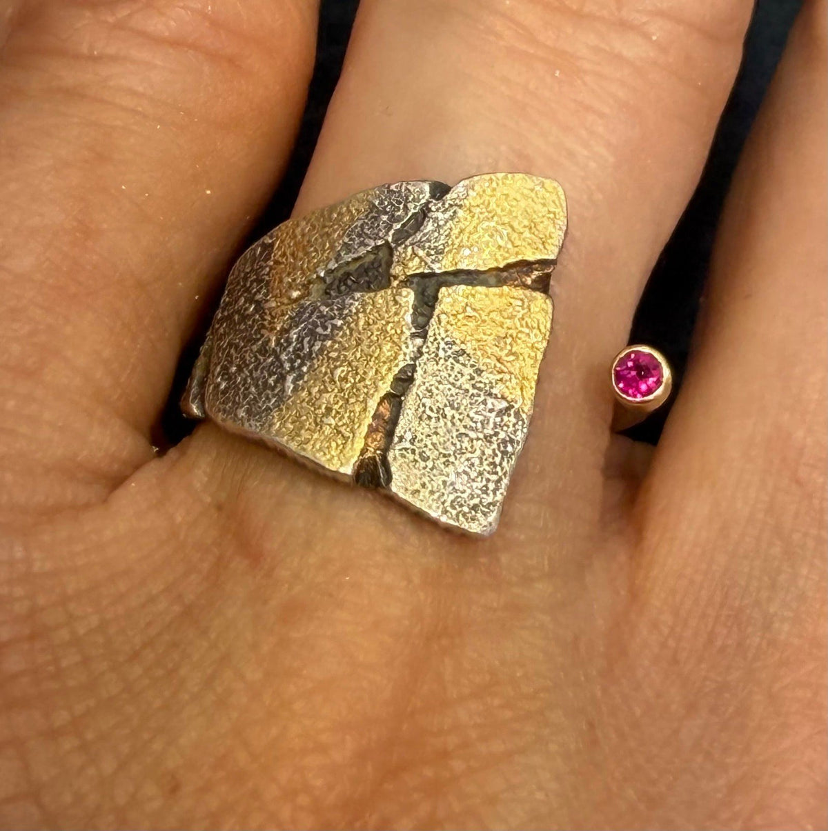 18k Gold & 925 Silver Ruby Asymmetrical Modern Ring. Designer
