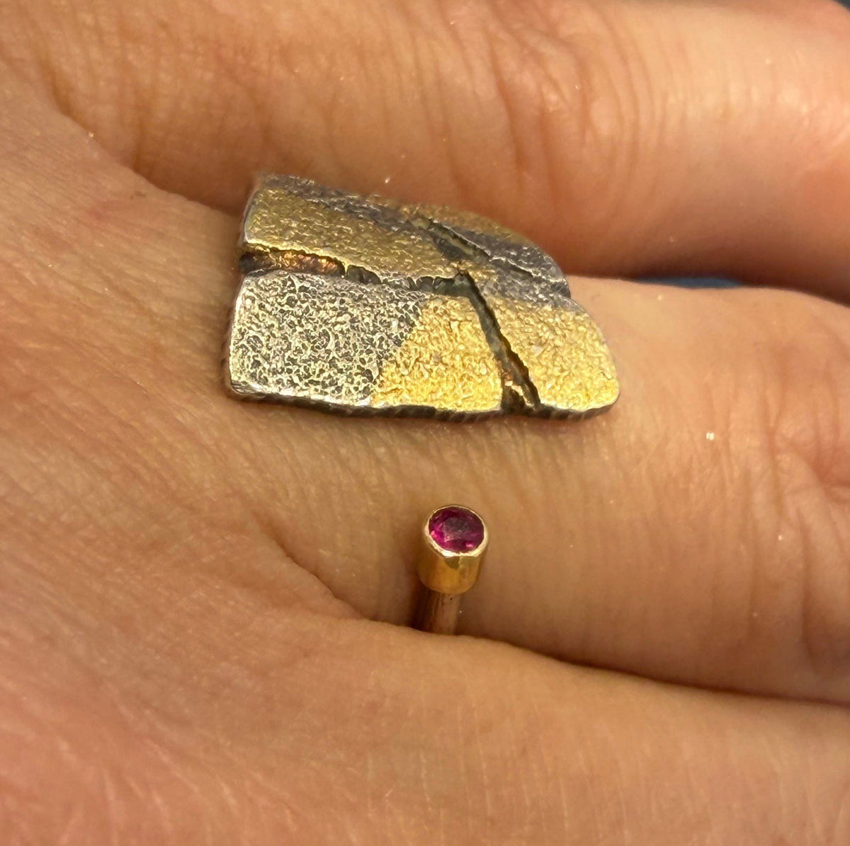 18k Gold & 925 Silver Ruby Asymmetrical Modern Ring. Designer