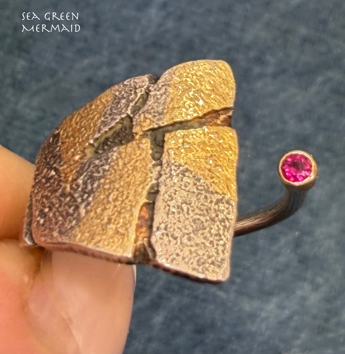 18k Gold & 925 Silver Ruby Asymmetrical Modern Ring. Designer