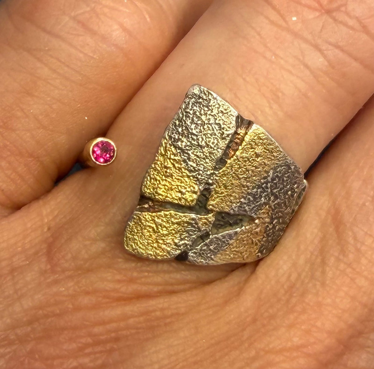 18k Gold & 925 Silver Ruby Asymmetrical Modern Ring. Designer